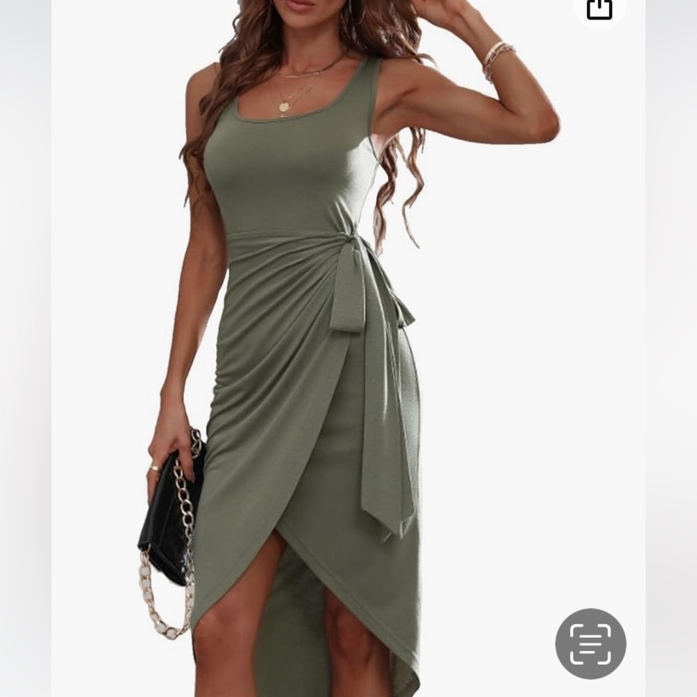 🔥 BARIDE JIA BEI olive green sleeveless wrap symmetrical midi dress L & S